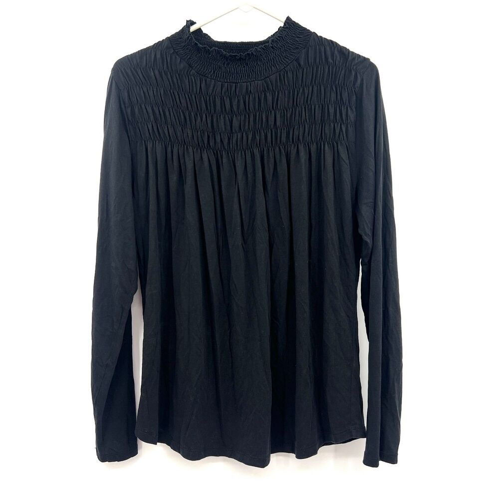 Sundance Black Smocked Mock Neck Top Womens L Long Sleeve Lyocell Cotton Boho